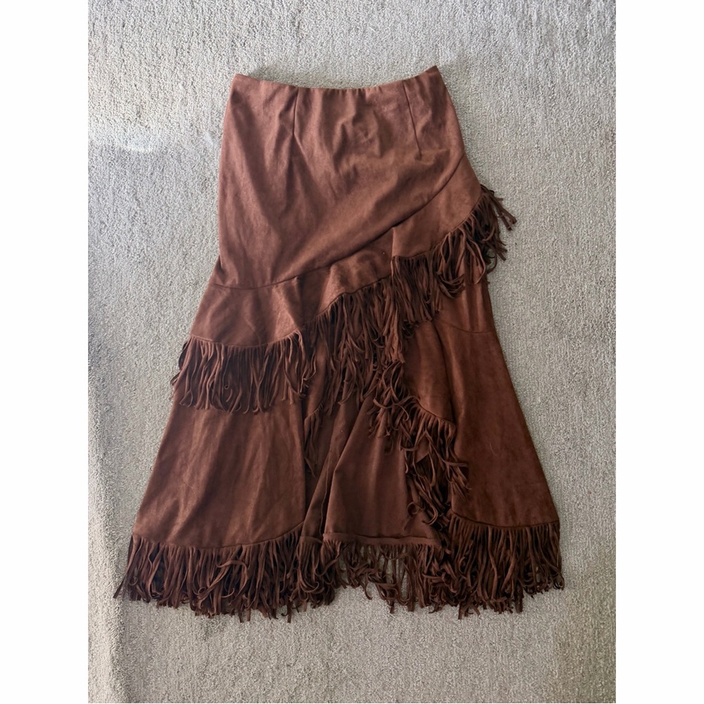 faux suede brown skirt with fringe